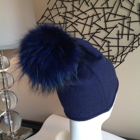 Lindo F Dark Blue Rhinestone Logo Merino Wool Real Fur Pom Pom Hat main image 8